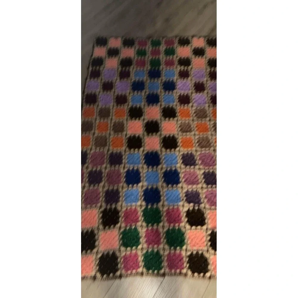 Vintage 70s Granny Square Knit Blanket Hand Made Crochet Afghan Twin Brown Tan